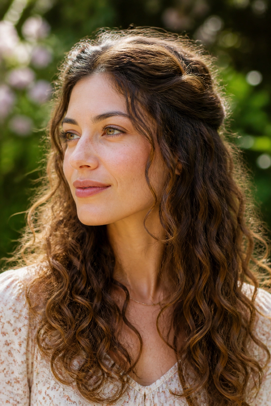 Real woman with half-up twist crown curls in soft outdoor garden light