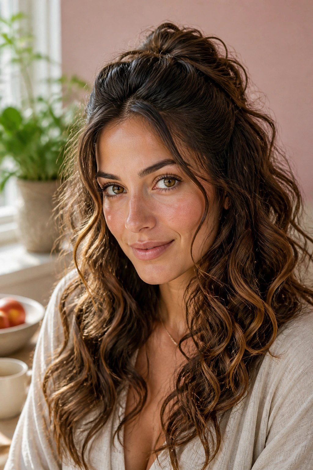 Close-up of real woman with half-up crown lift curls in a sunlit breakfast nook