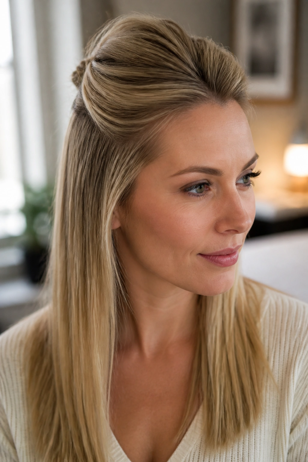 Real person with half-up crown lift hairstyle