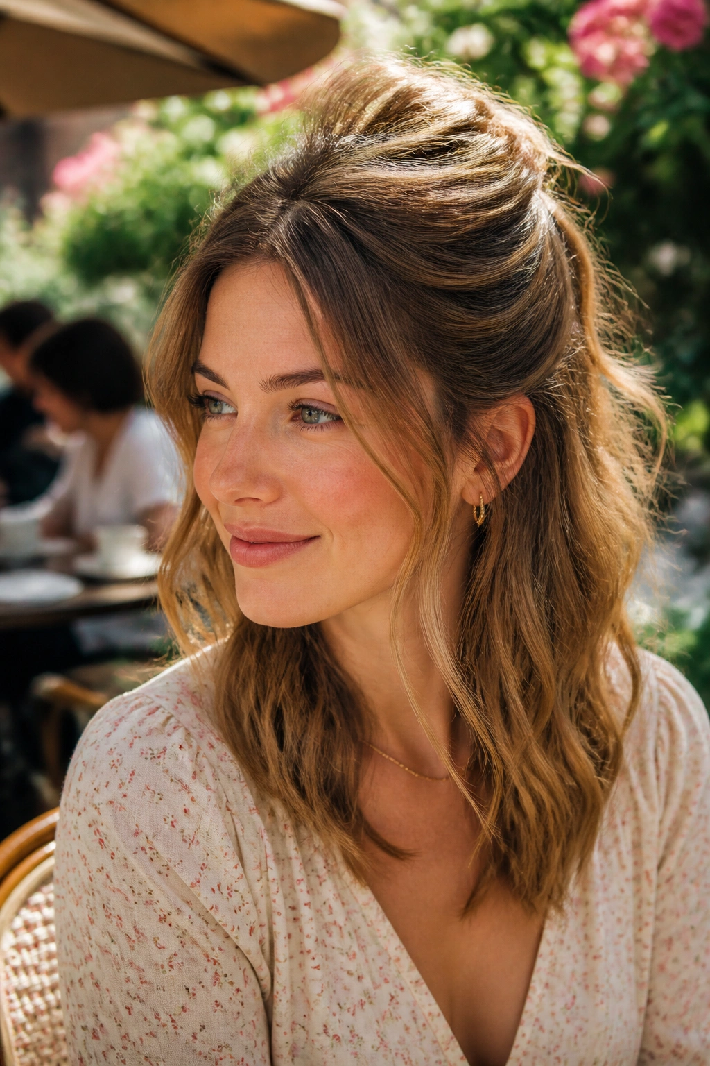 Close-up portrait of a real woman with a half-up crown lift hairstyle