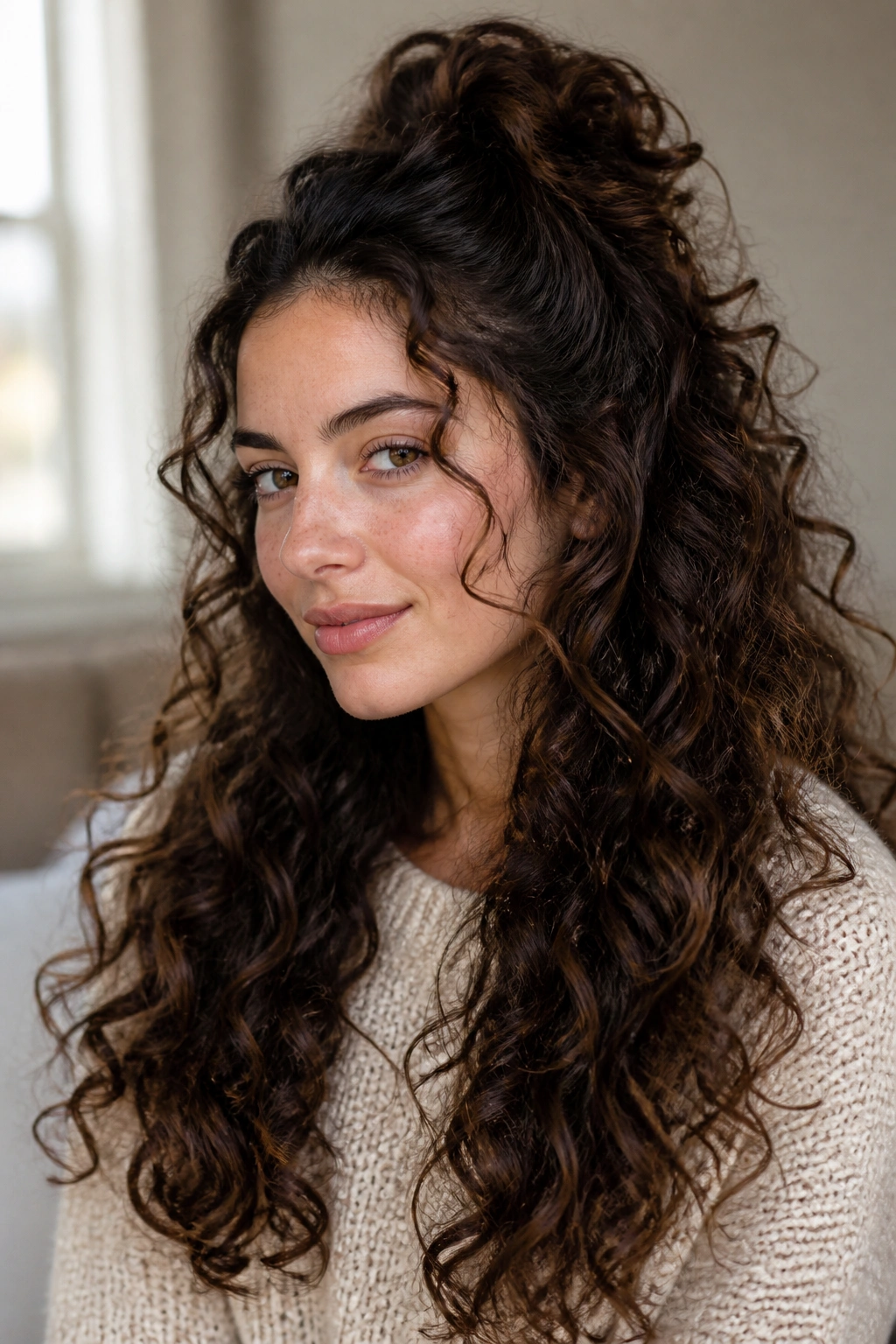 Real person with half-up crown lift hairstyle, loose curled ends