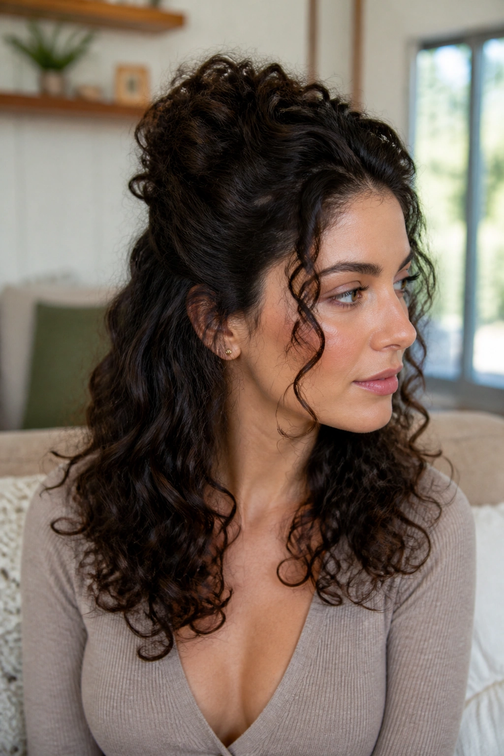 Real woman with half-up half-down hairstyle lifted at the crown