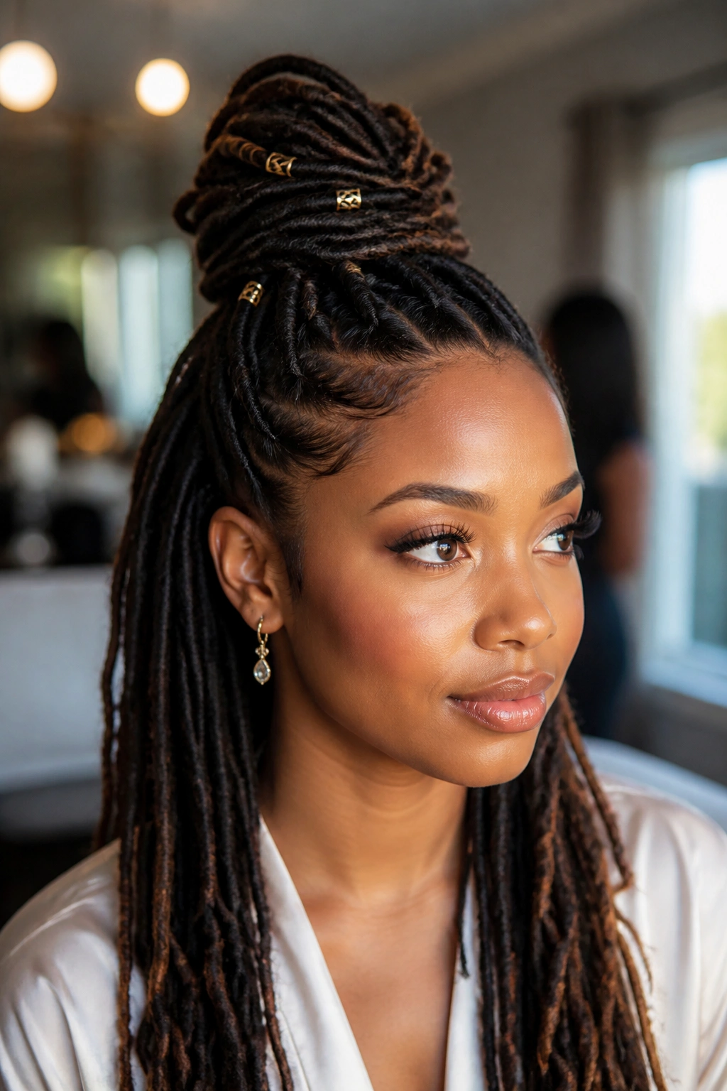 Close-up of a real woman with half-up crown loc top knot