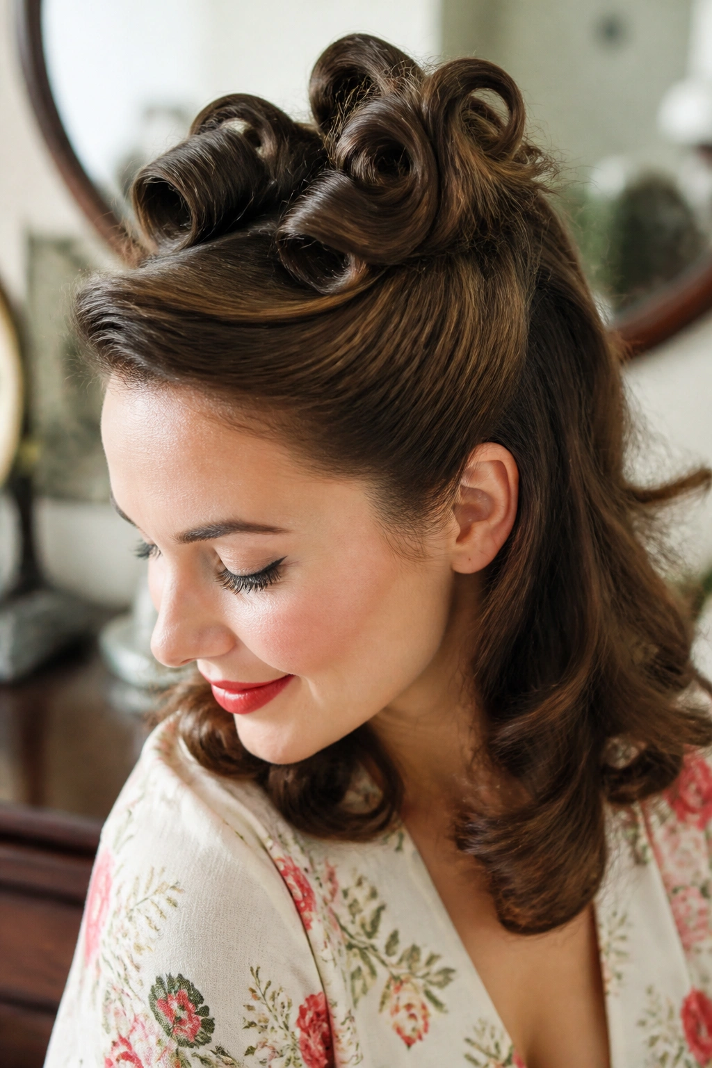 Close-up of a real woman wearing a half-up crown pin curl set on medium hair