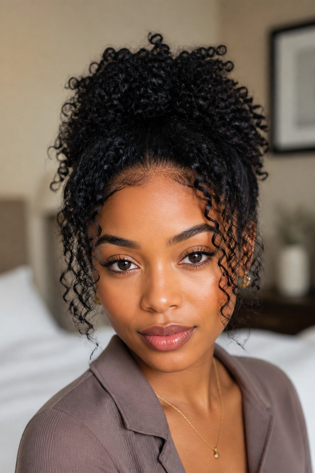 Close-up of a real person with a half-up crown puff and face-framing curls