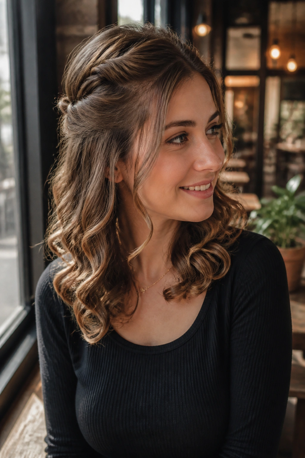 Real woman with half-up crown twist and floating curls in a cozy cafe setting