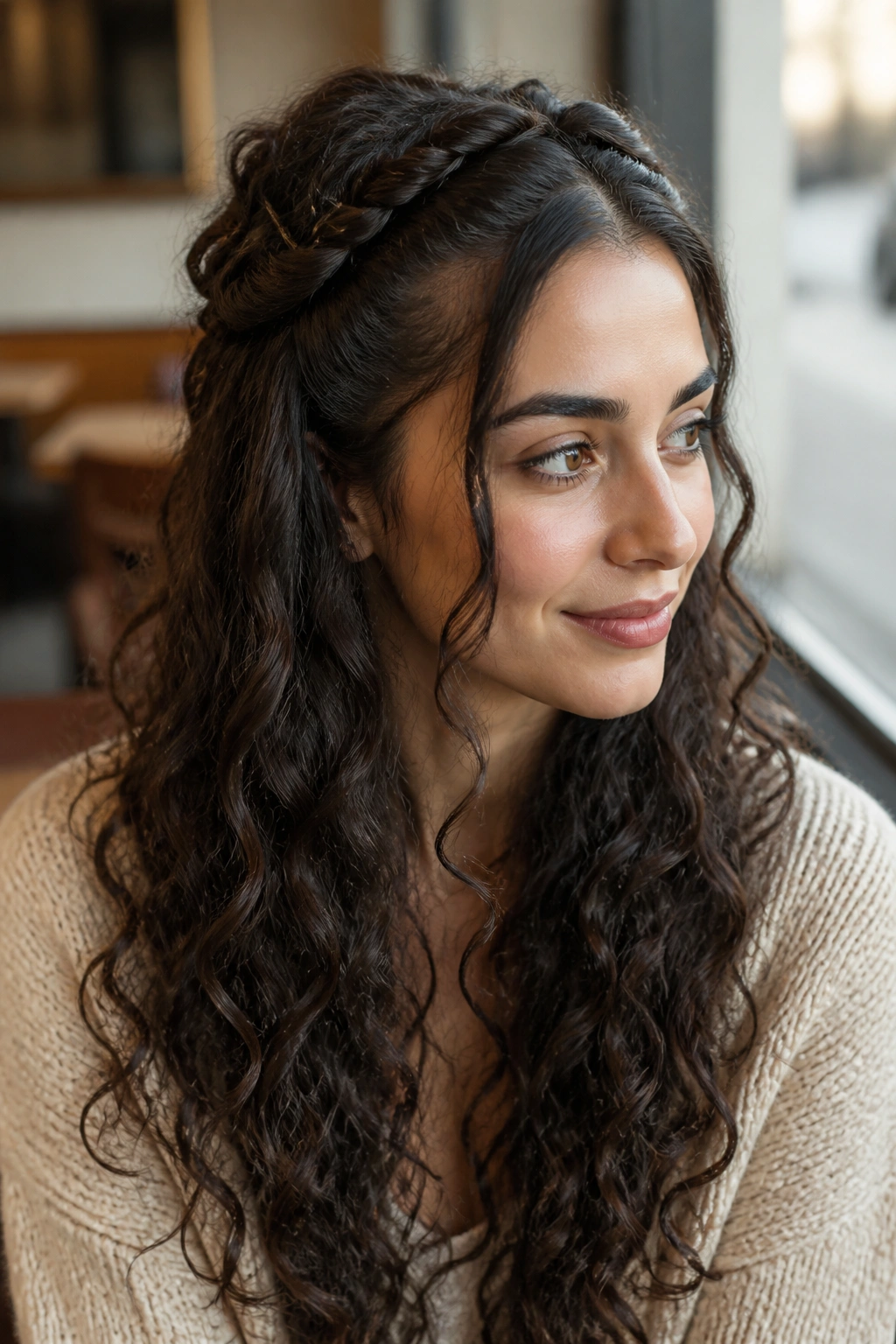 Medium close-up of a real woman with a crown twist and loose curls