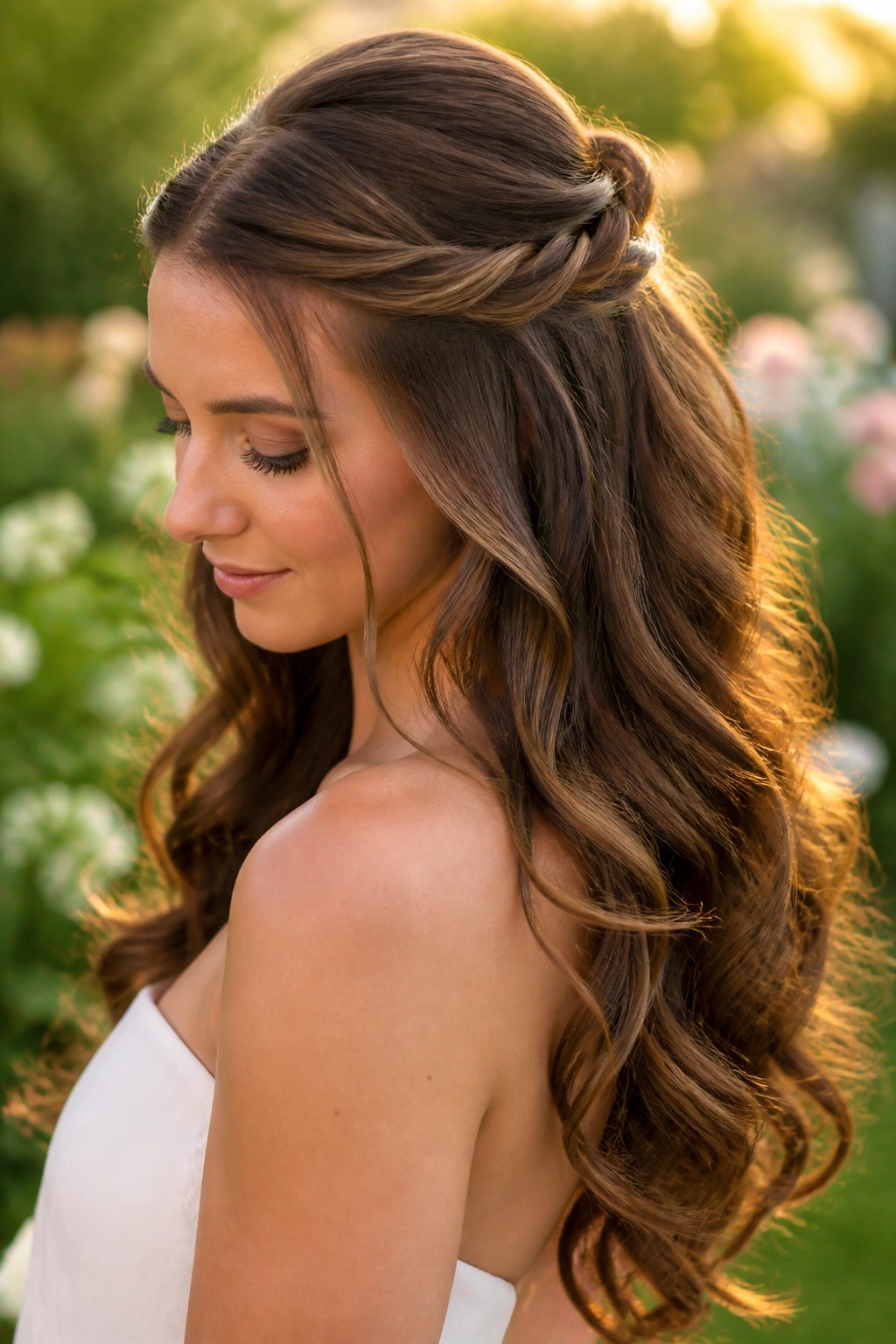 Woman with half-up crown twist curls in golden-hour garden light