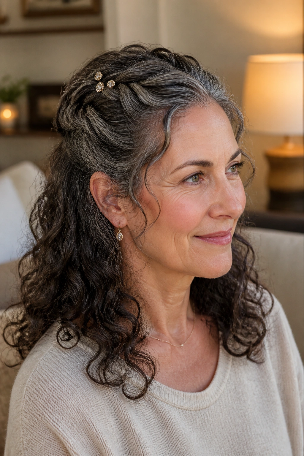 Real woman with half up crown twist, curls cascading, warm home lighting.
