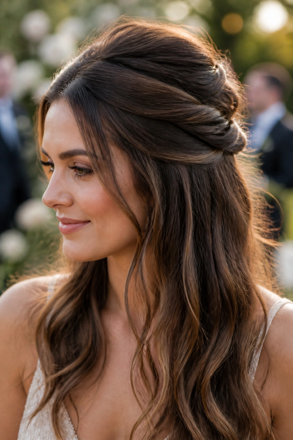 Close-up of a real woman with Half-Up Twist and crown volume