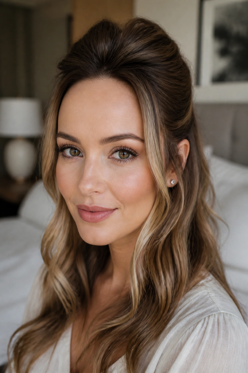 Real woman with half-up hairstyle and crown volume in a cozy bedroom