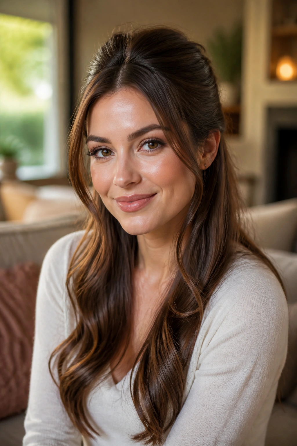 Close-up portrait of a woman with half-up half-down hairstyle and crown volume