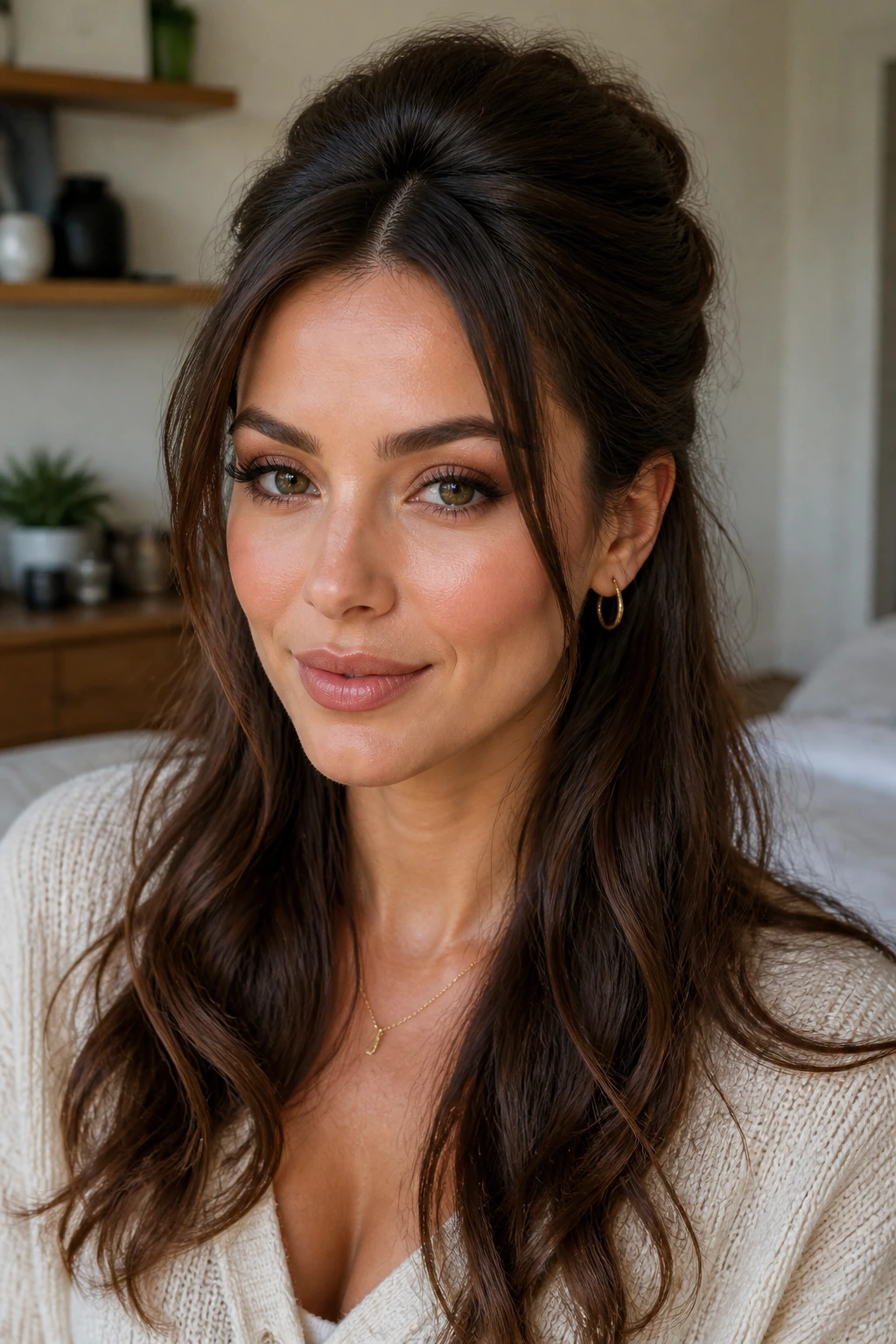 Close-up of a person with a half-up crown-volume hairstyle