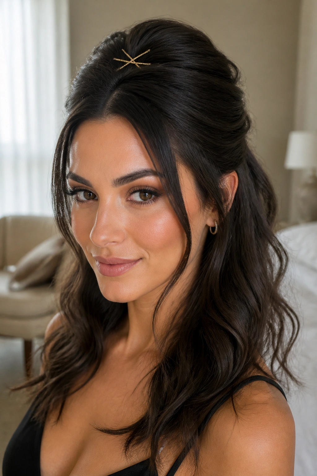 Close-up portrait of a real woman with Half-Up Crown Volume hairstyle, crown lift and soft waves