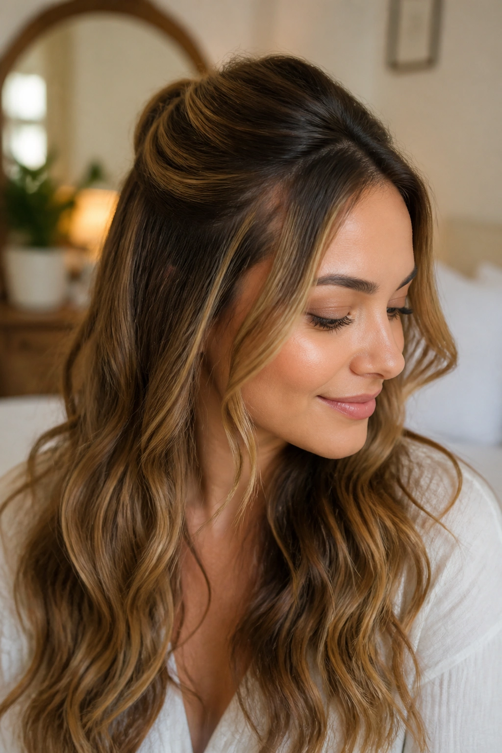 Real person with crown pinned back, creating a half-up wave.