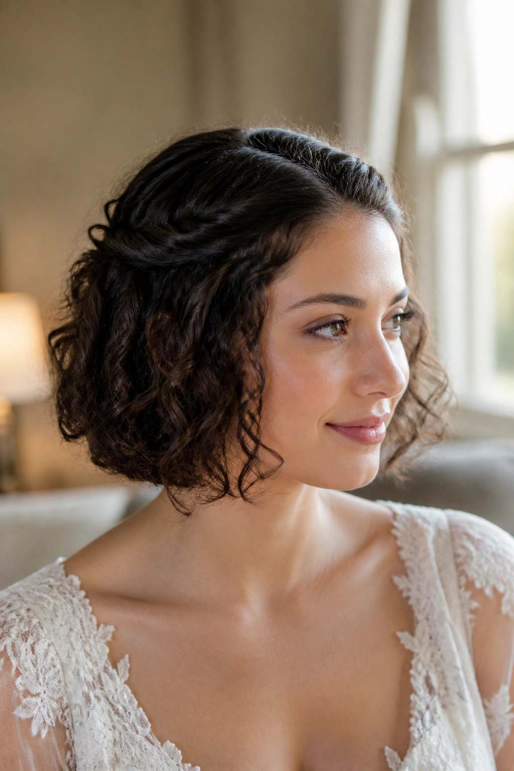Close-up of a bride with chin-length curls in a half-up twist