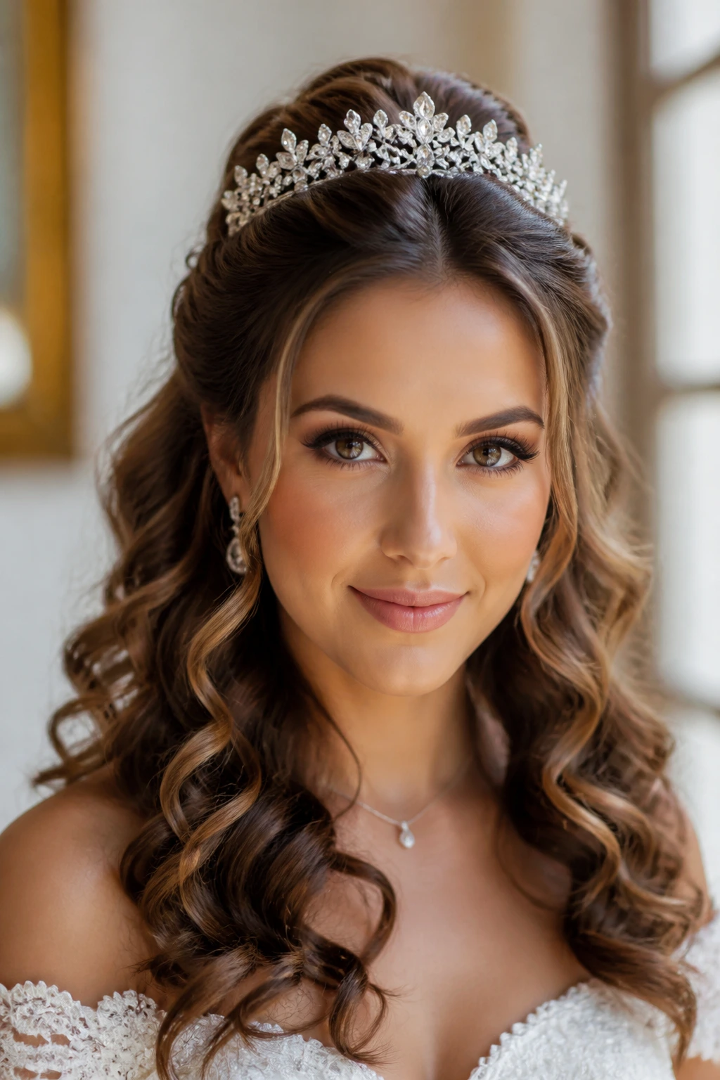 Close-up of a real bride with half-up cascading curls and crystal tiara