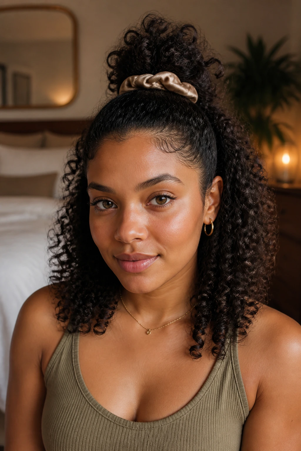 Real woman with half-up curly puff and defined ends.