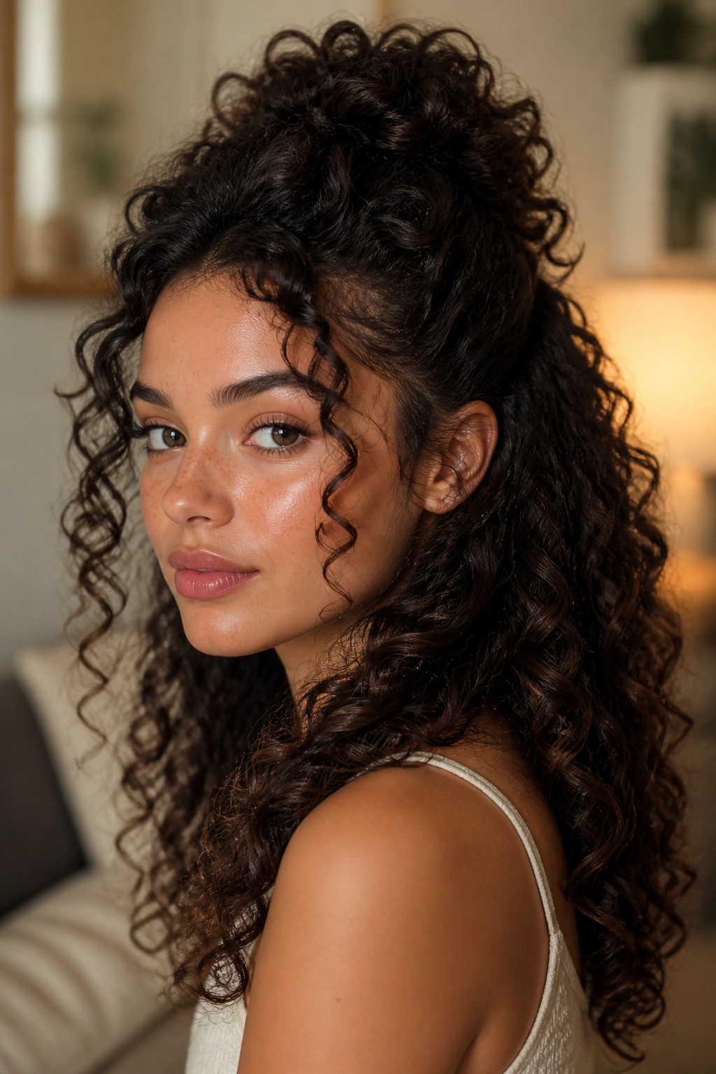 Close-up of a real woman with half-up half-down hair and face-framing curls.
