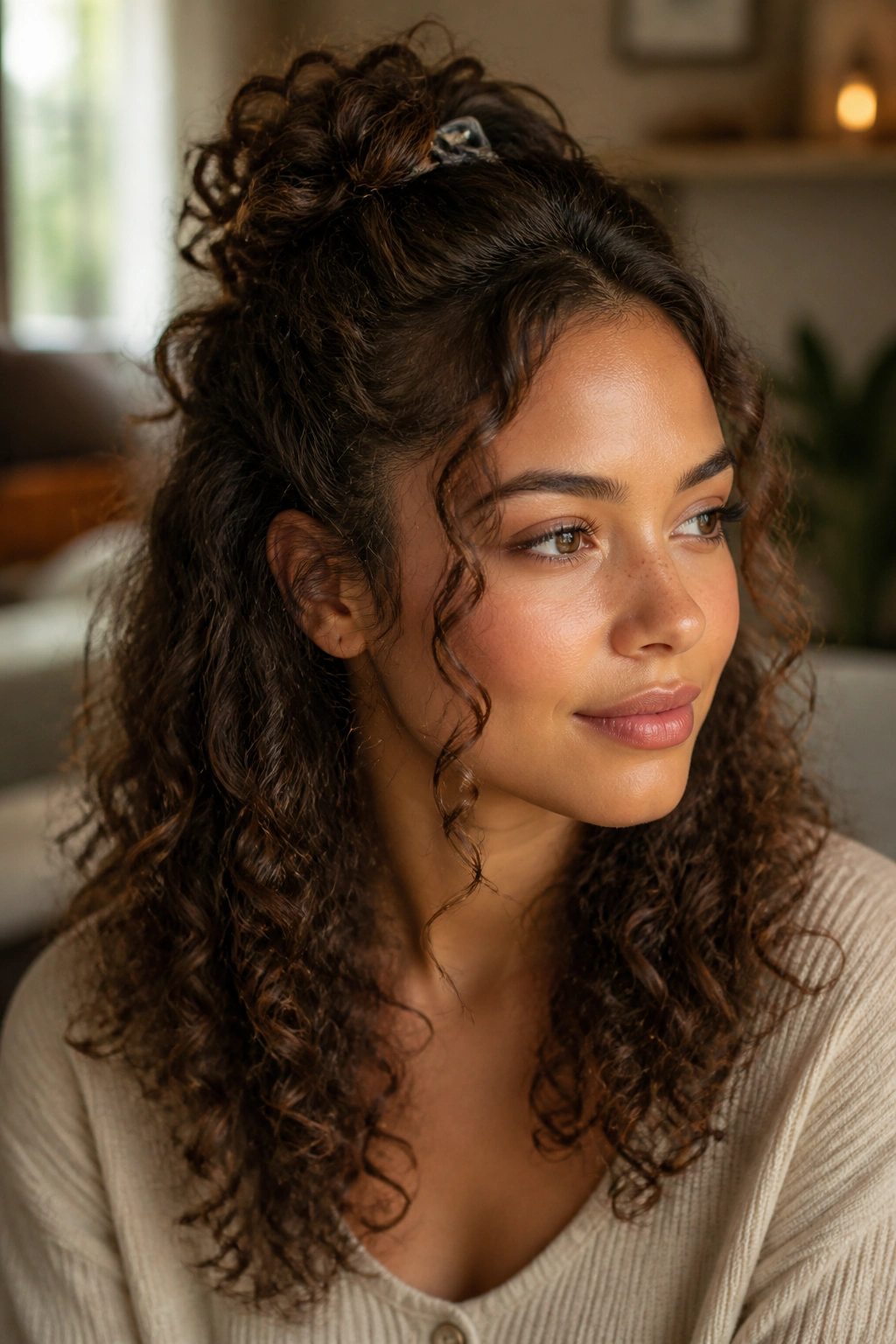 Close-up of a real woman with half-up half-down curls and face-framing pieces