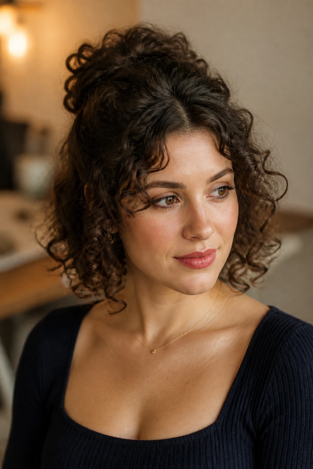 Real woman with half-up curly crown showing lifted crown and jaw-framing curls