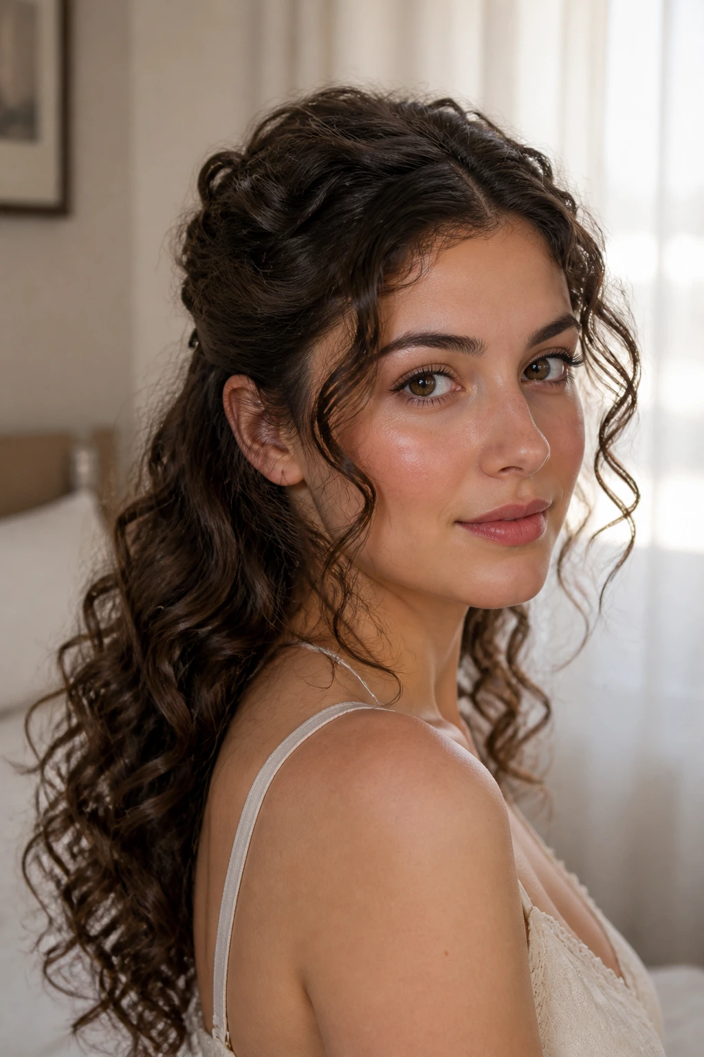 Close-up portrait of a real woman with soft half-up half-down curly hairstyle under natural window light