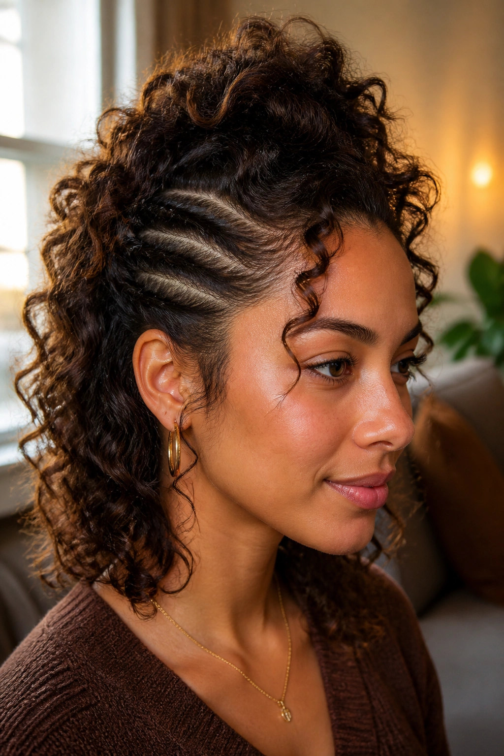 Real woman with shoulder-length curls in a half-up faux hawk, center ridge and pinned sides.
