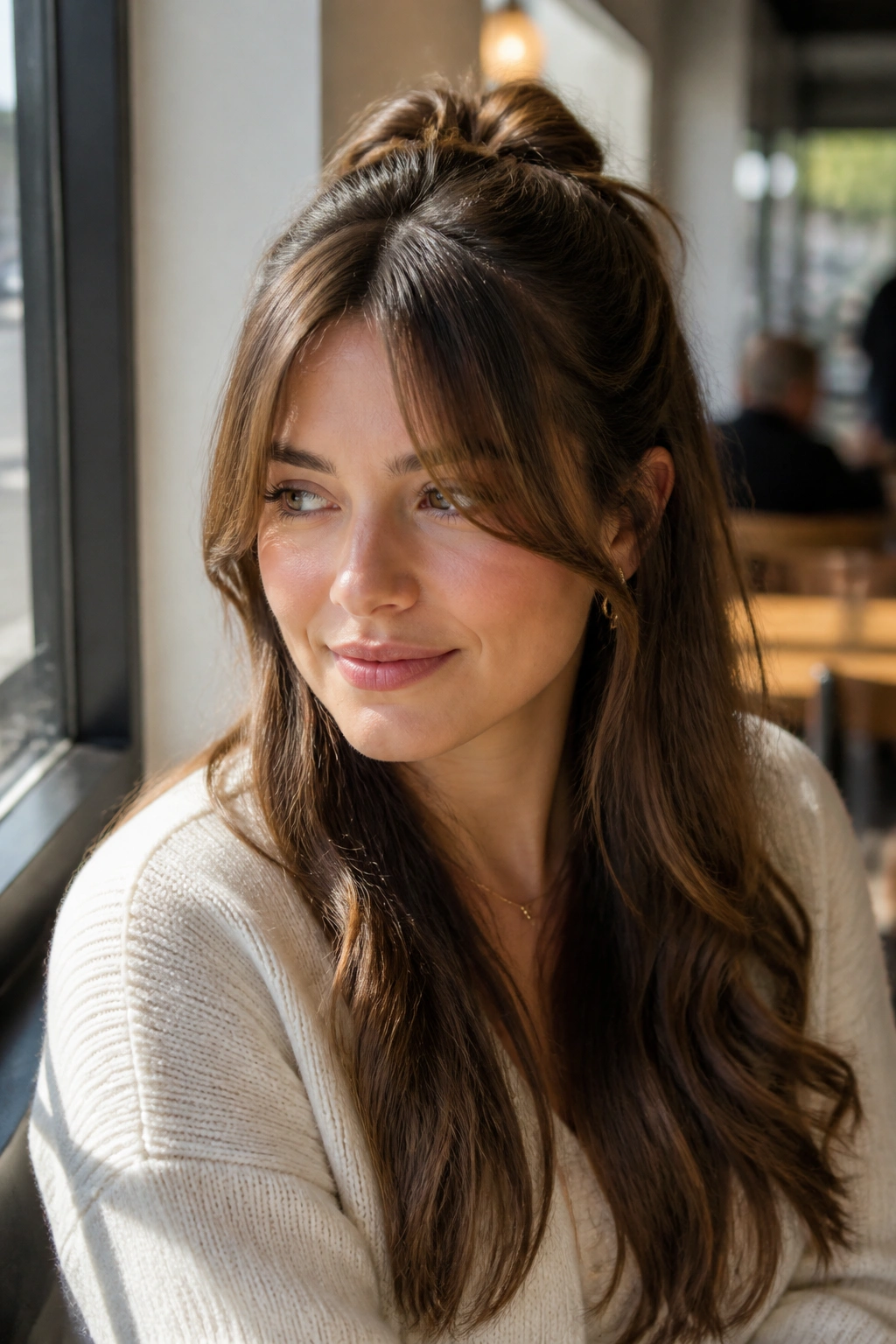 Close-up of a real woman with half-up style and curtain bangs in a sunlit cafe