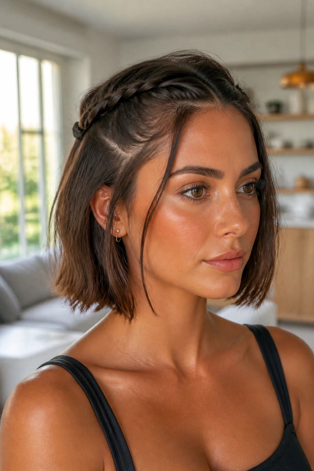 Close-up of a real woman with two slim half-up braids on a bob.