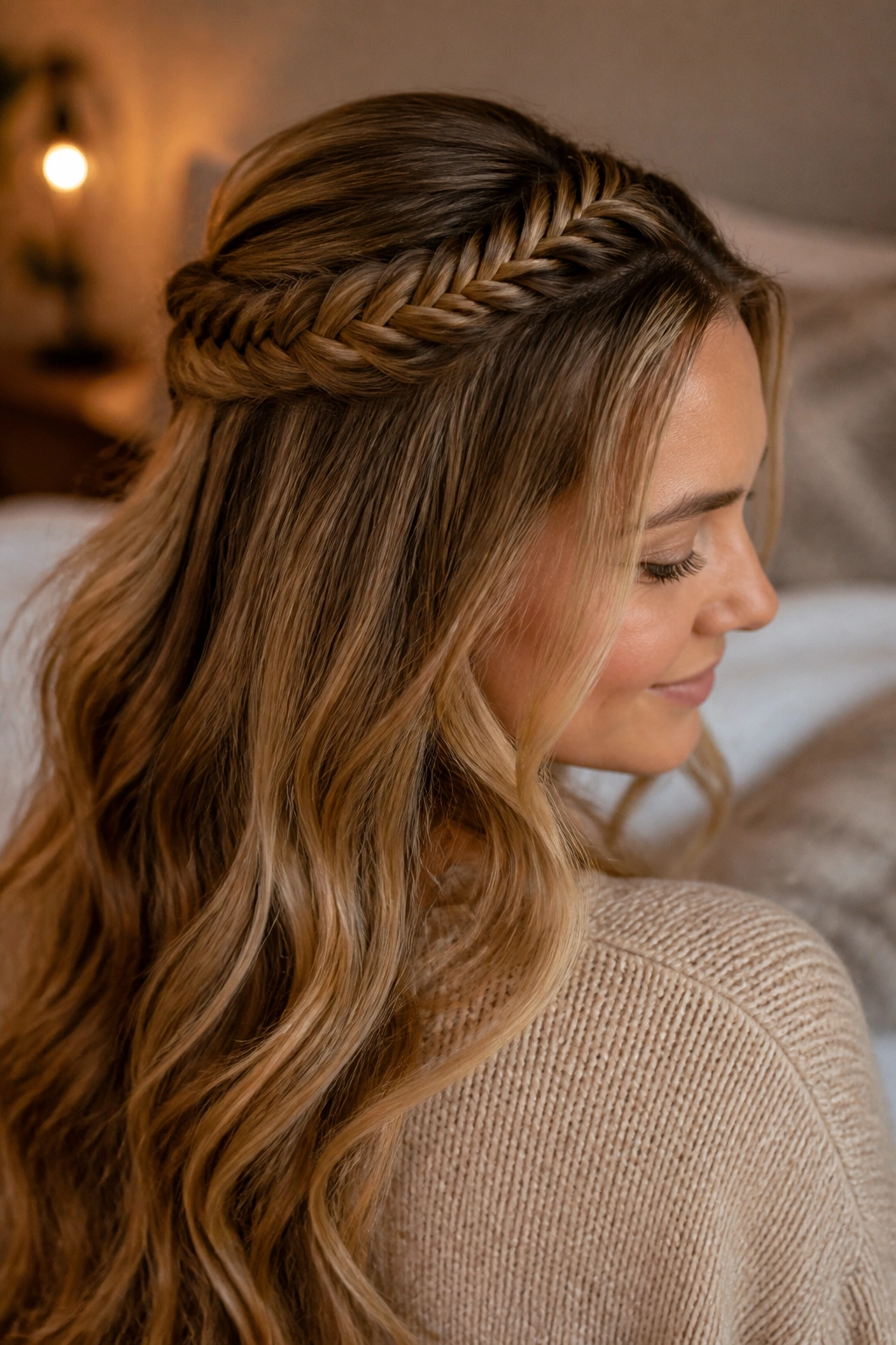 Close-up of half-up fishtail crown on a real woman in a warm bedroom setting