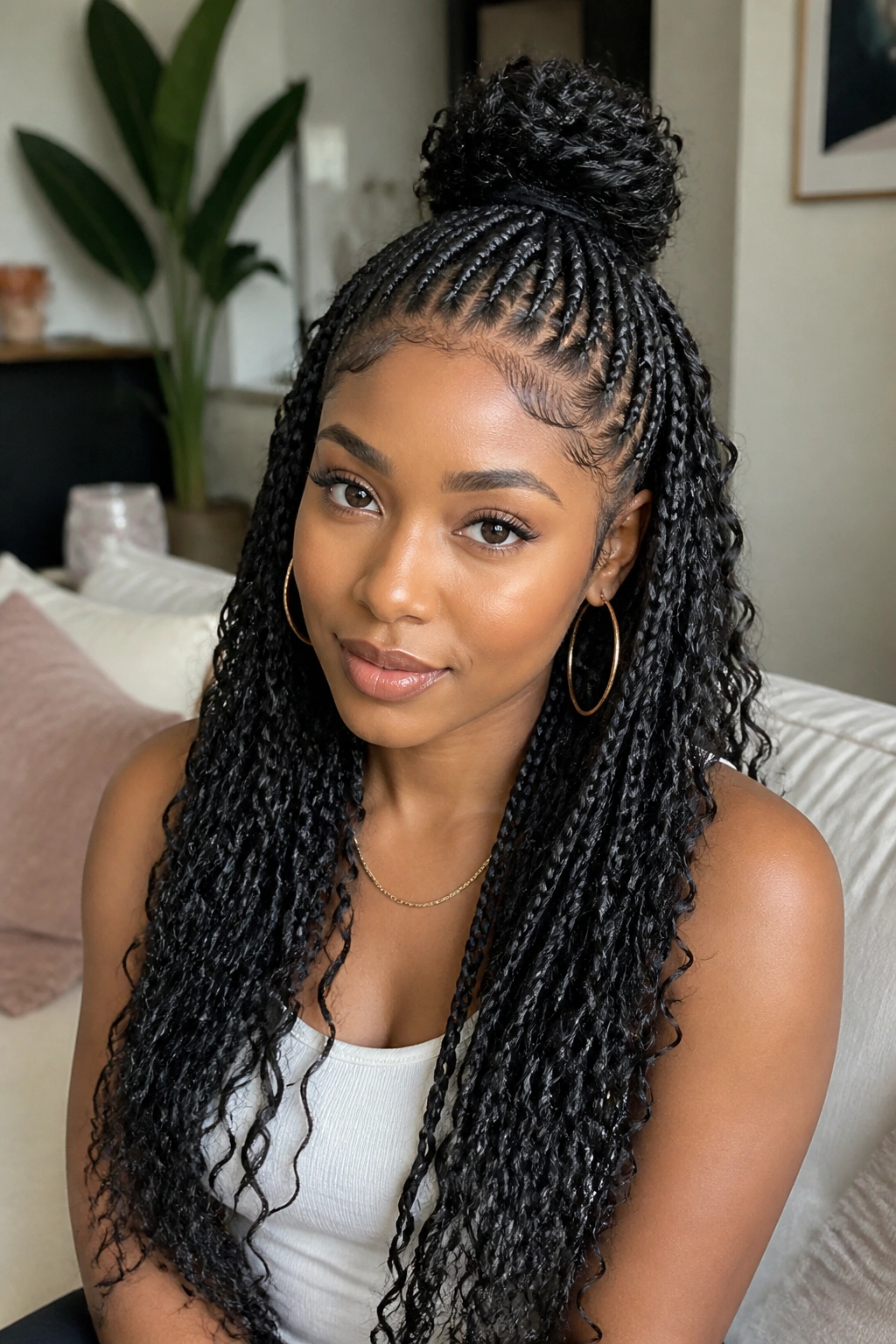 Close-up of a real woman with Half-Up, Half-Down Goddess Braids
