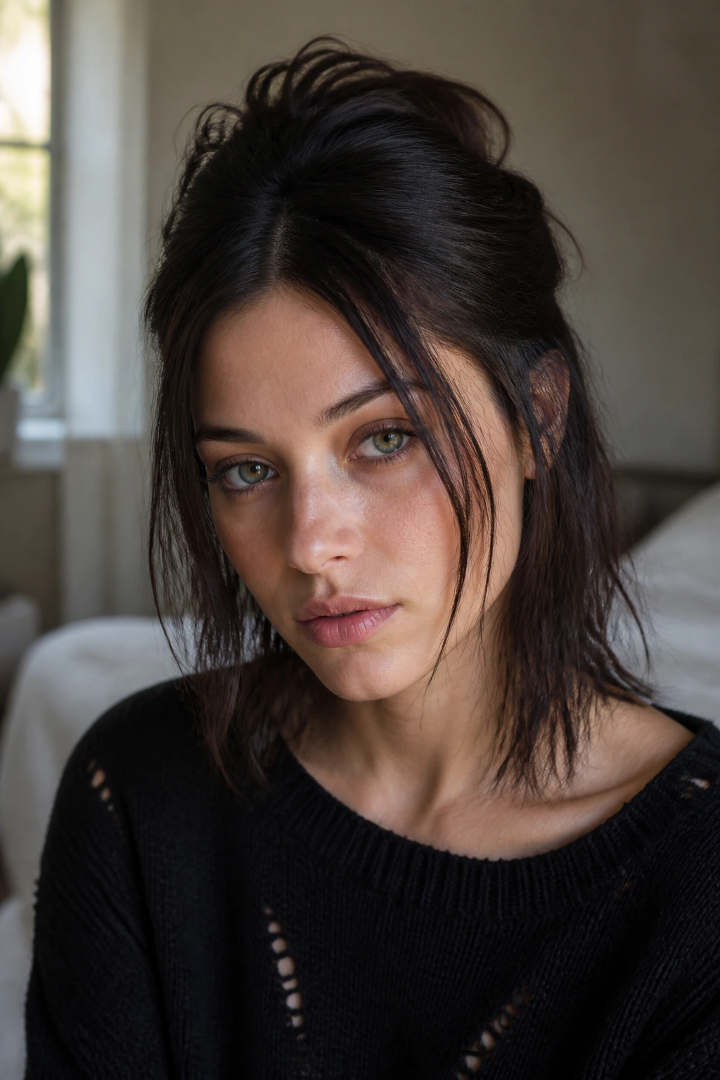 Close-up of a real woman with half-up hairstyle and loose face-framing strands.
