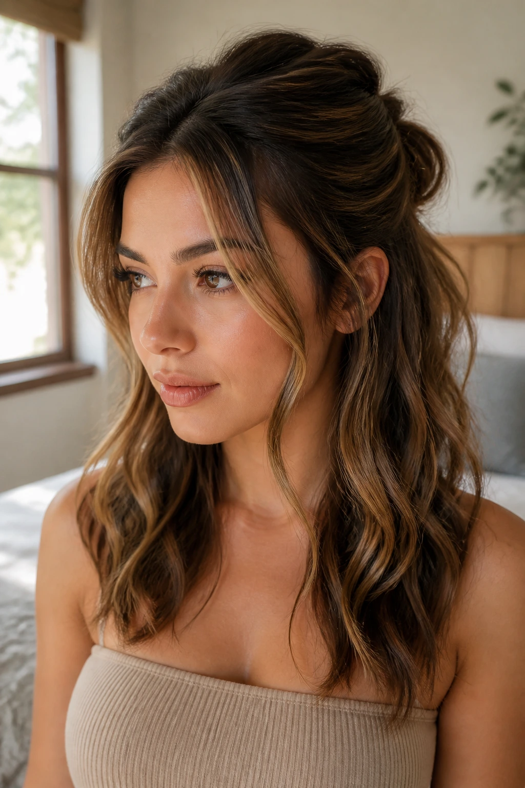 Close-up of a real woman wearing half-up, half-down with face-framing pieces