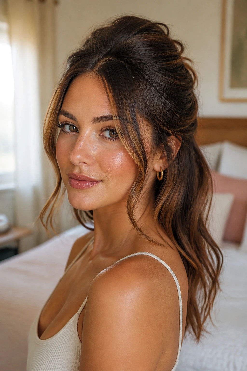 Close-up portrait of a real woman with a half-up hairstyle and face-framing pieces, natural window light.