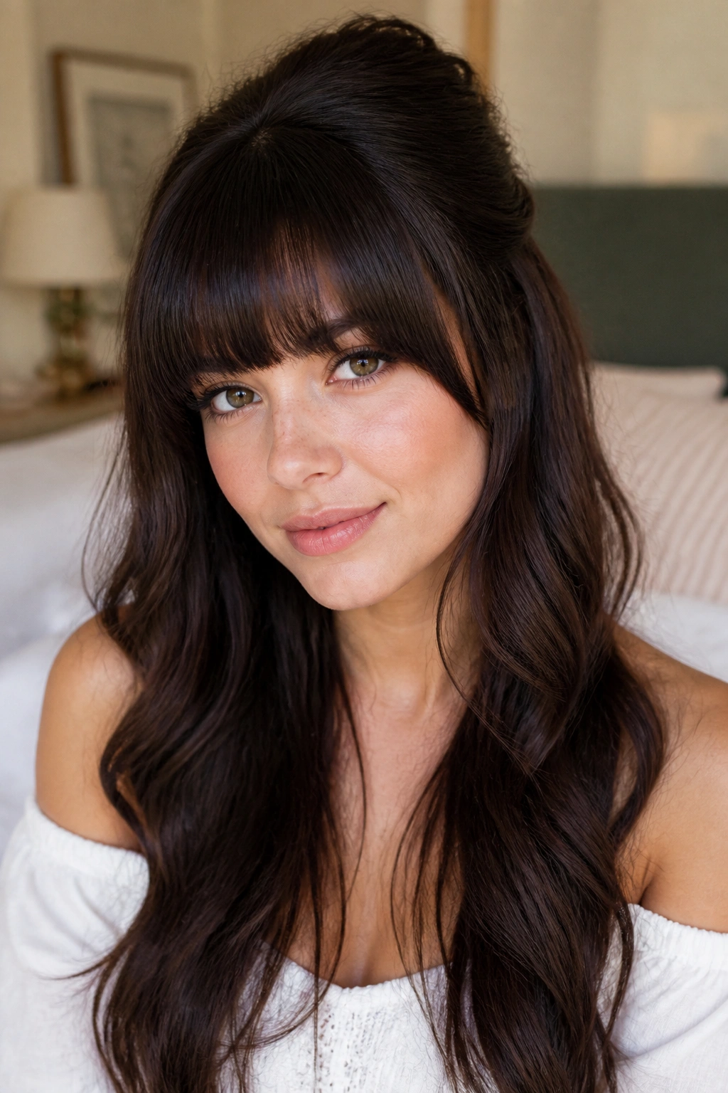Portrait of a real woman with half-up half-down hairstyle and full fringe, crown lift and loose waves