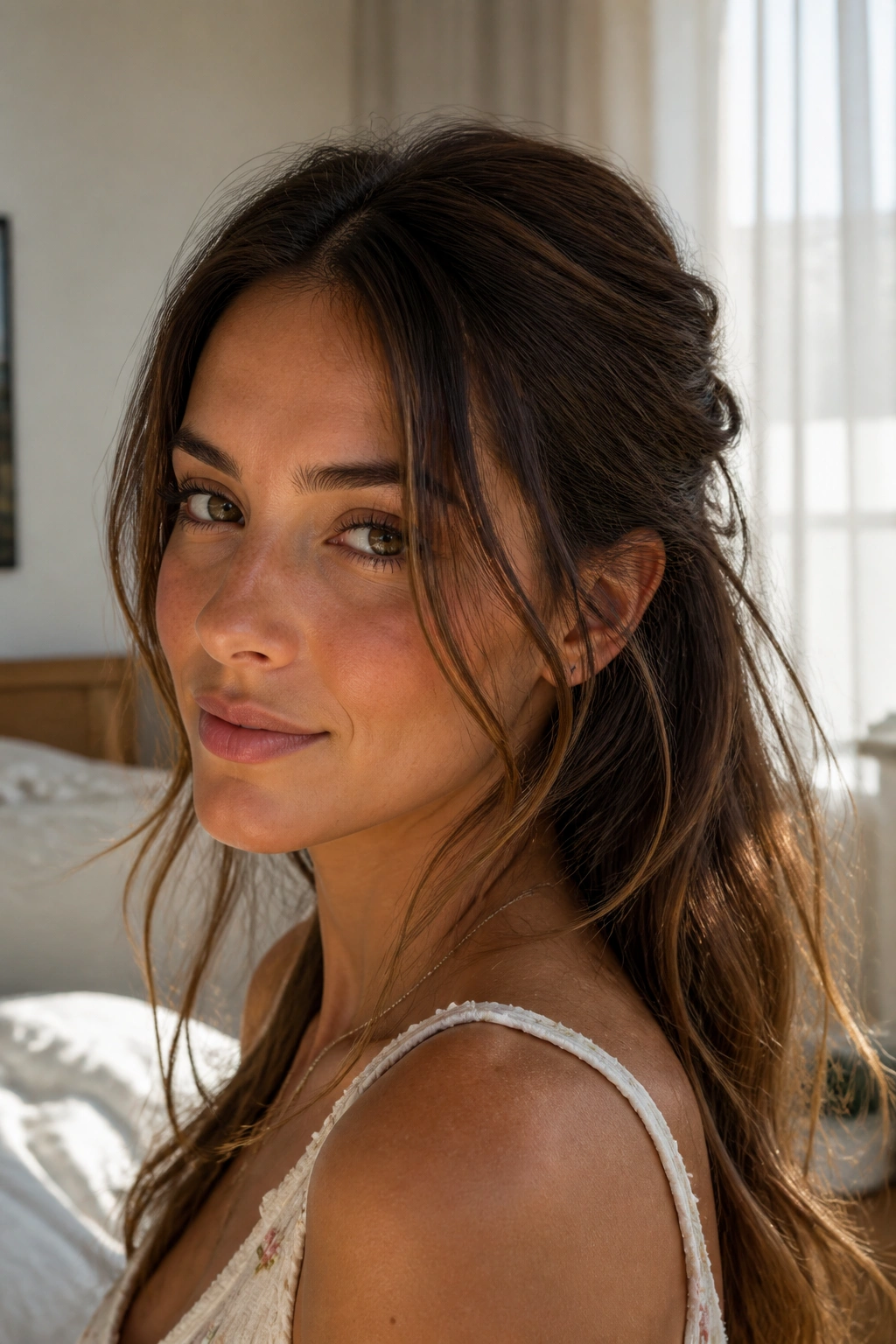 Close-up real-woman portrait with half-up style and loose front pieces framing the face