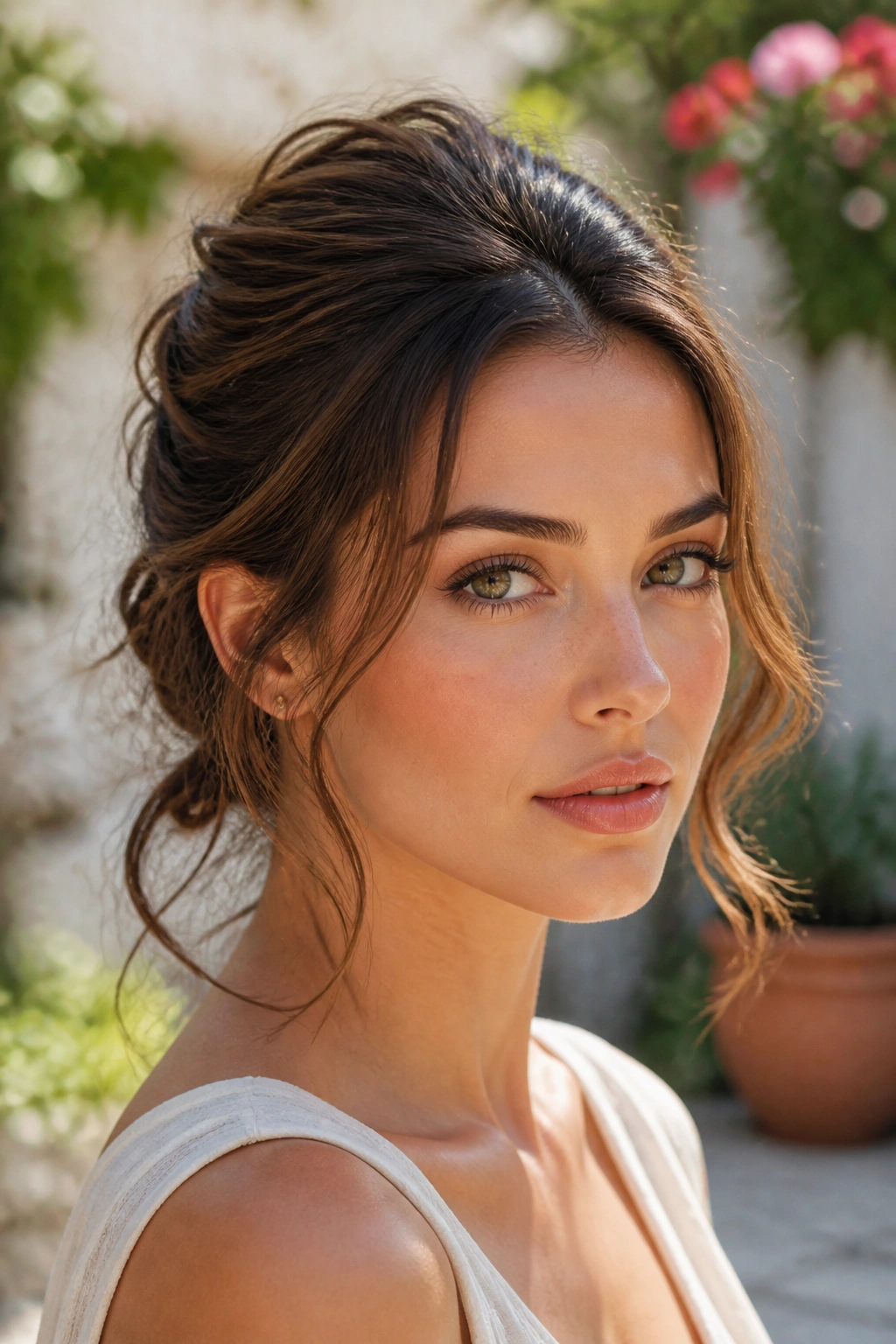 Woman with half-up style and loose tendrils framing the face