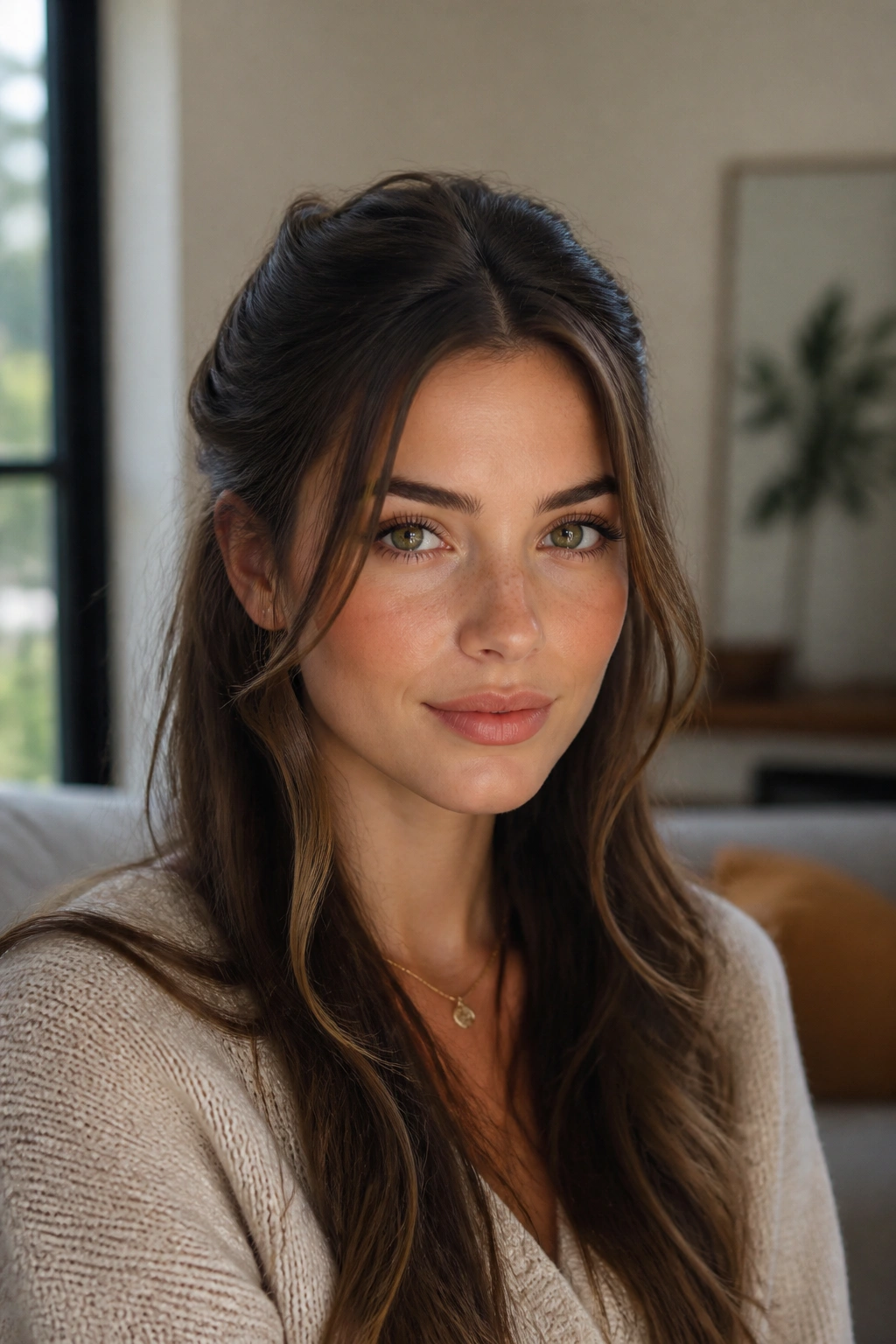 Real woman with half-up hairstyle and volume around cheeks.