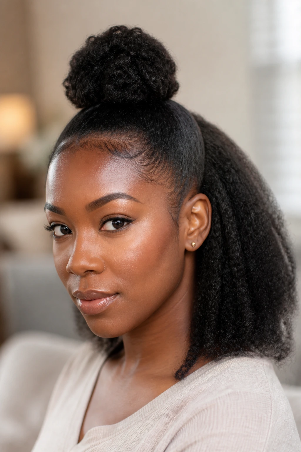 Close-up of a real person with a bun and loose hair in a half-up half-down style.