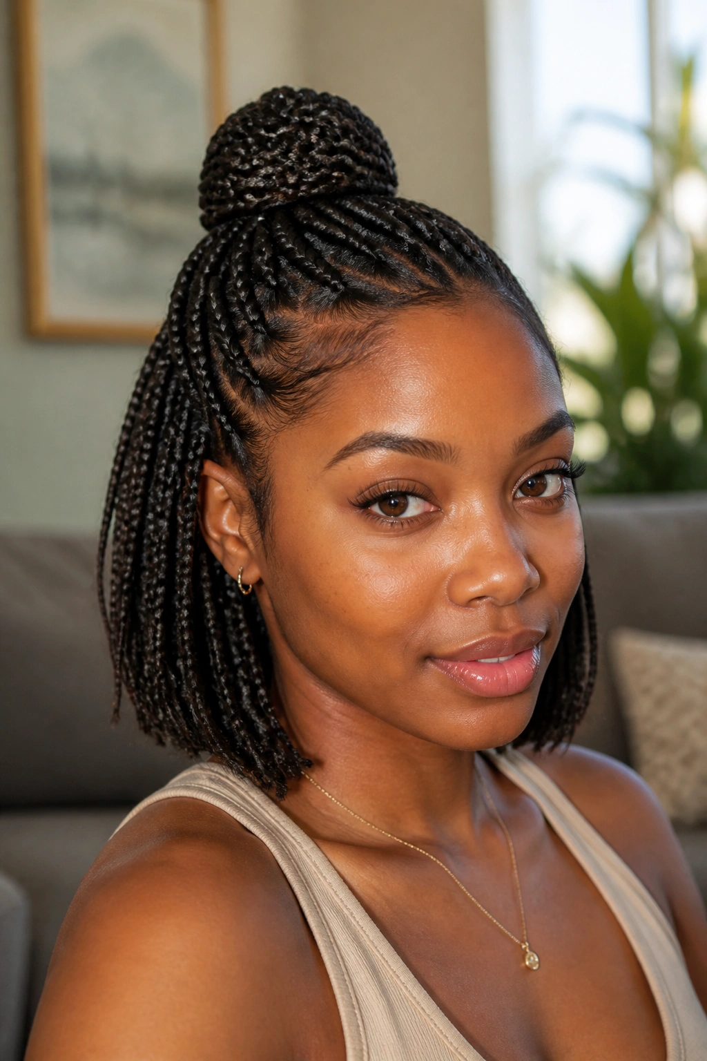 Close-up of real woman with half-up half-down bob braids