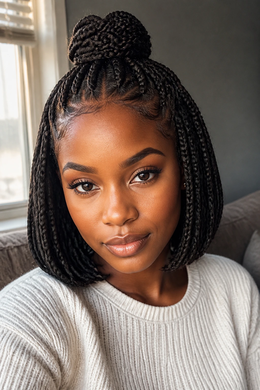 Portrait of a real Black woman with a half-up half-down braided bob