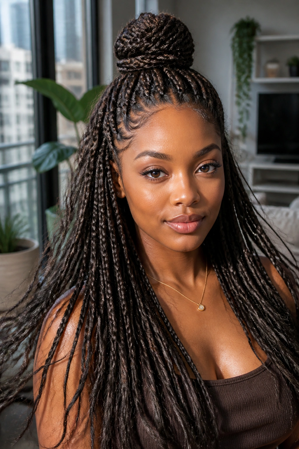 Real woman with half-up half-down braids showing top knot and flowing hair
