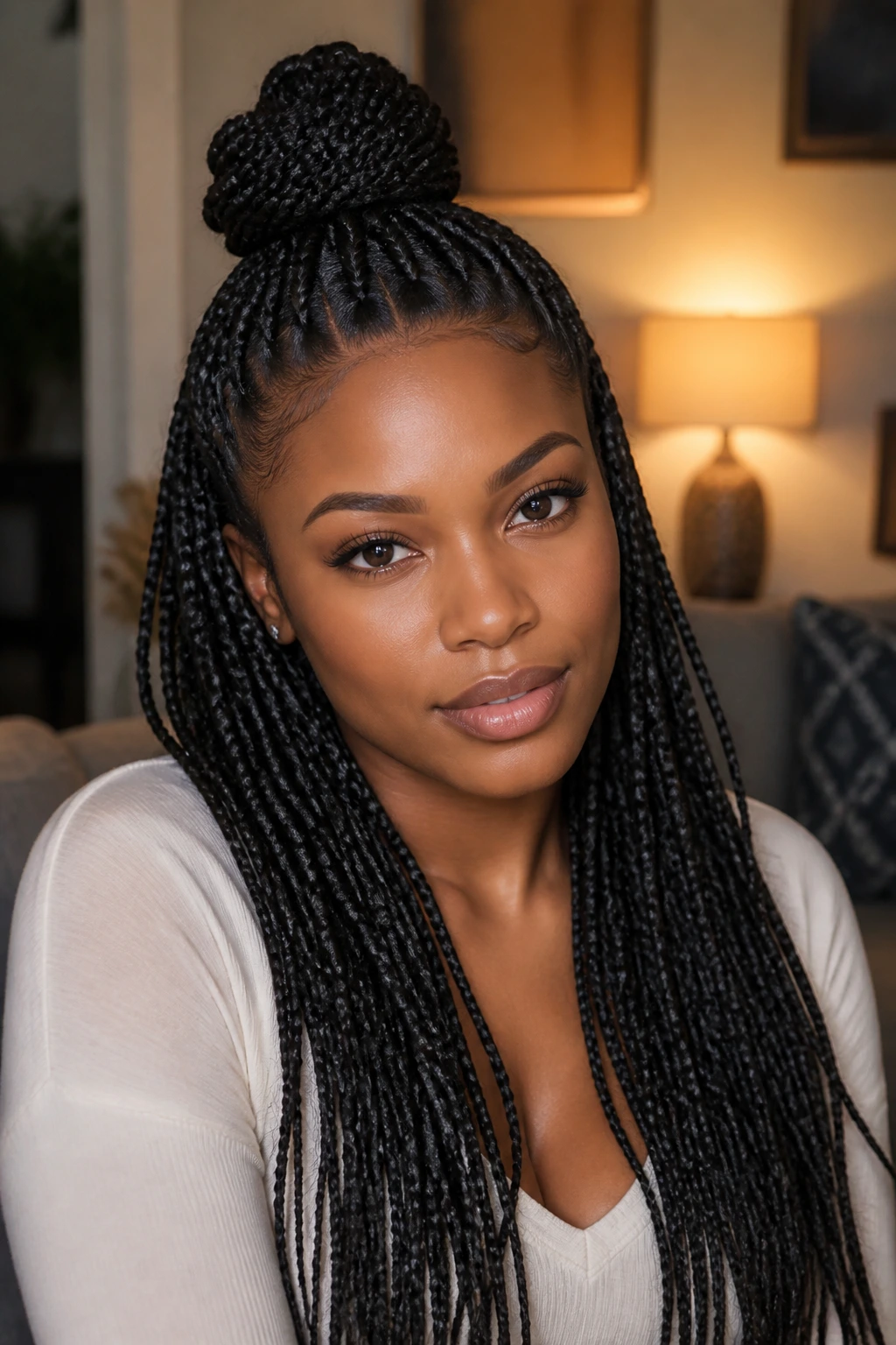 Close-up of a woman with half-up braided style, top knot and loose length