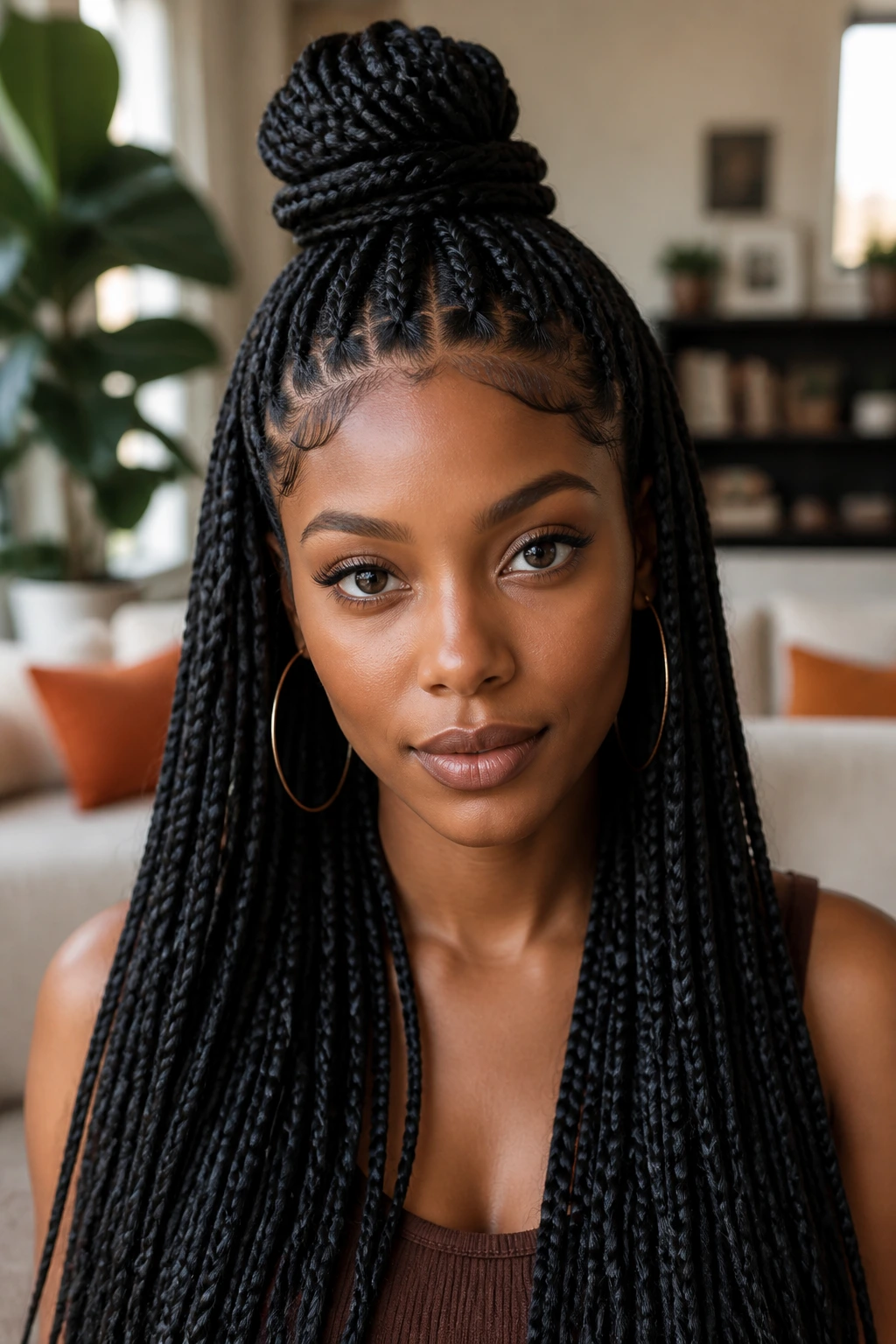 Real woman with half-up half-down braids in a bright living room