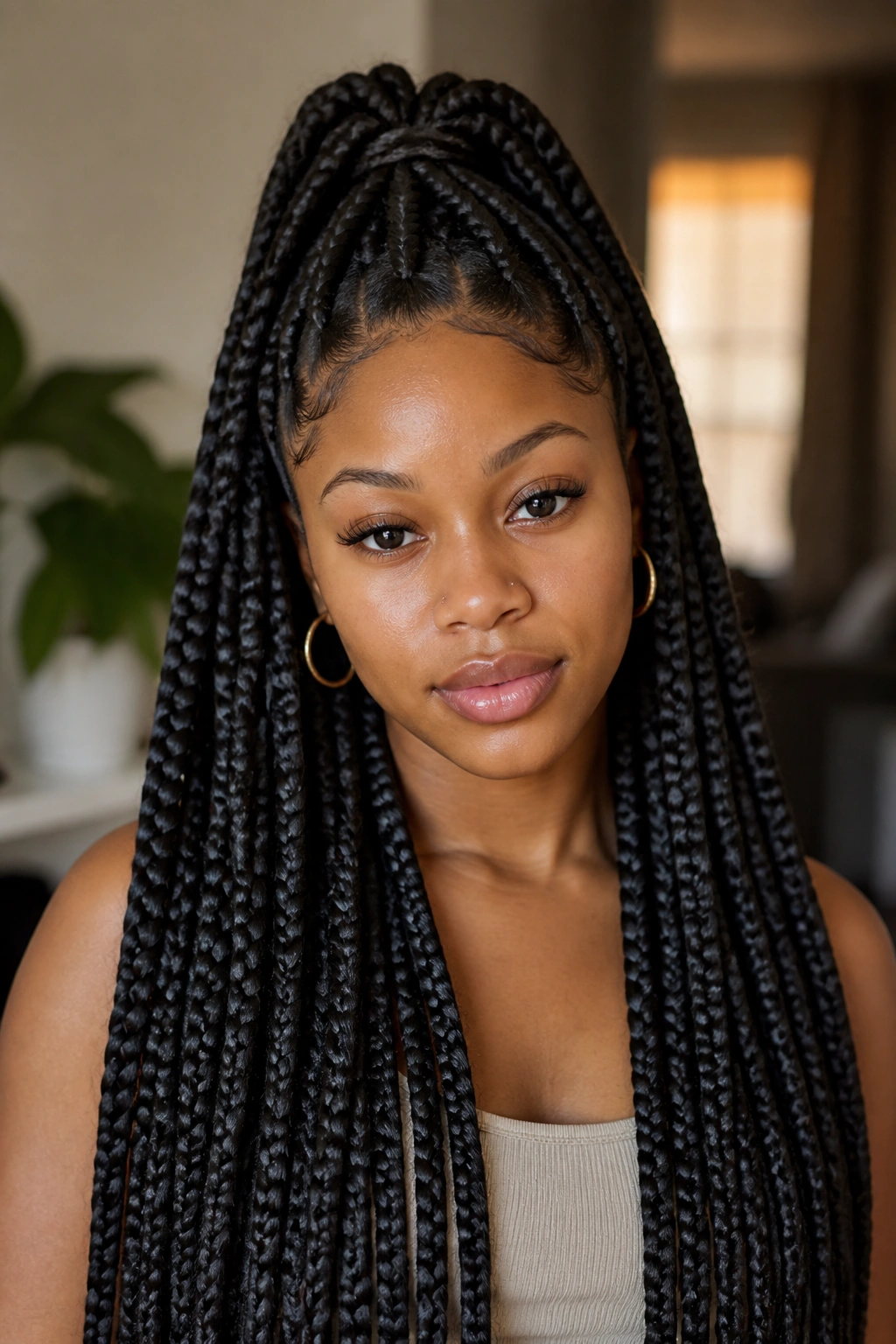 Close-up portrait of a real person with half-up half-down jumbo box braids