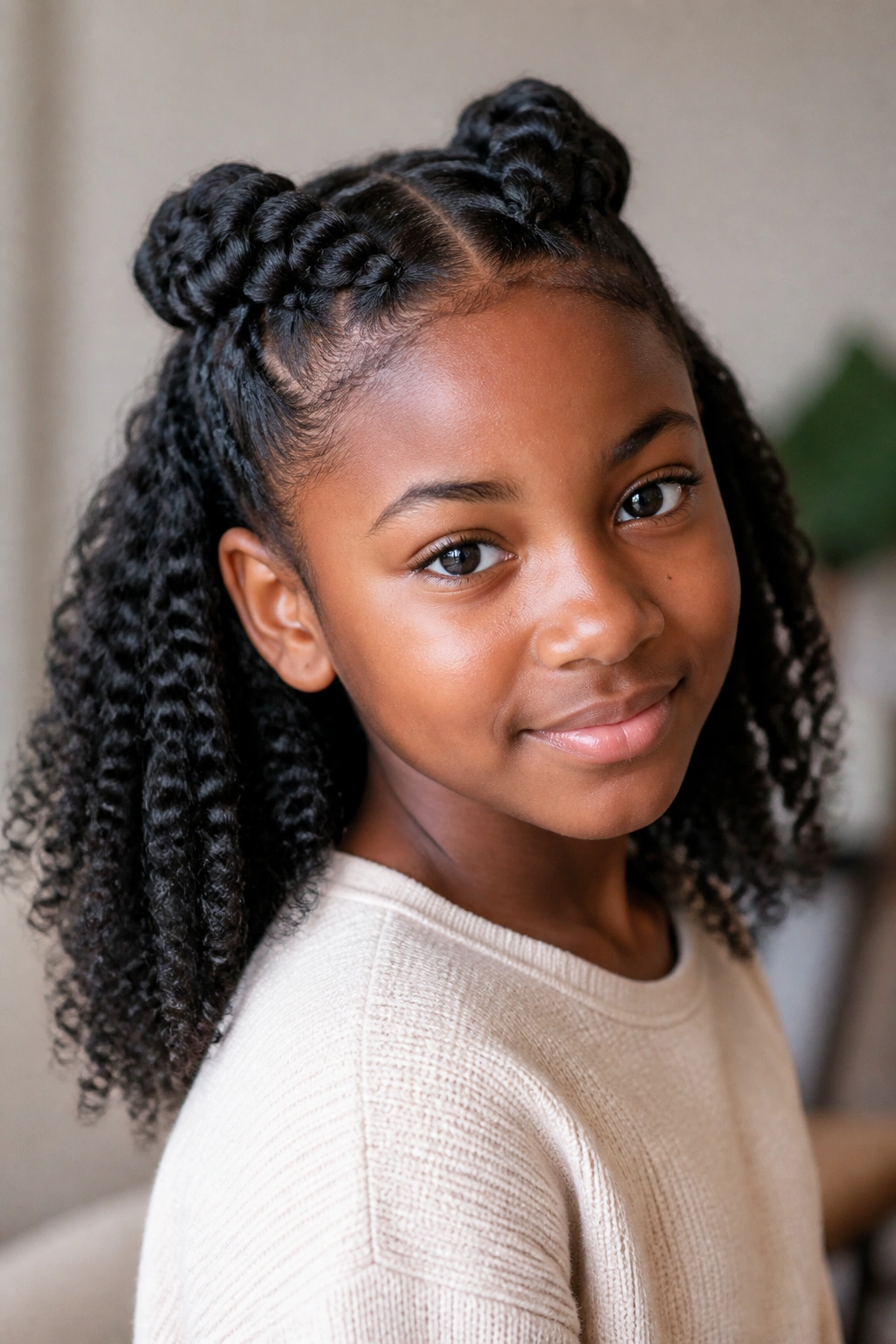 Medium close-up of a girl with half-up half-down hairstyle and chunky twists