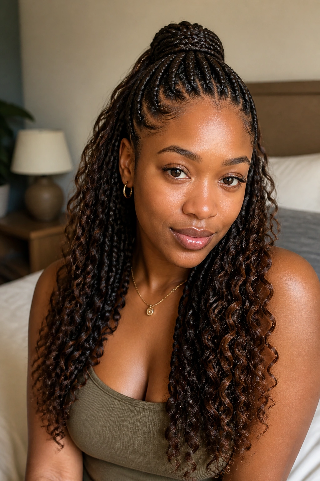 Close-up portrait of a real woman with half-up, half-down cornrows featuring a braided crown and loose lower hair