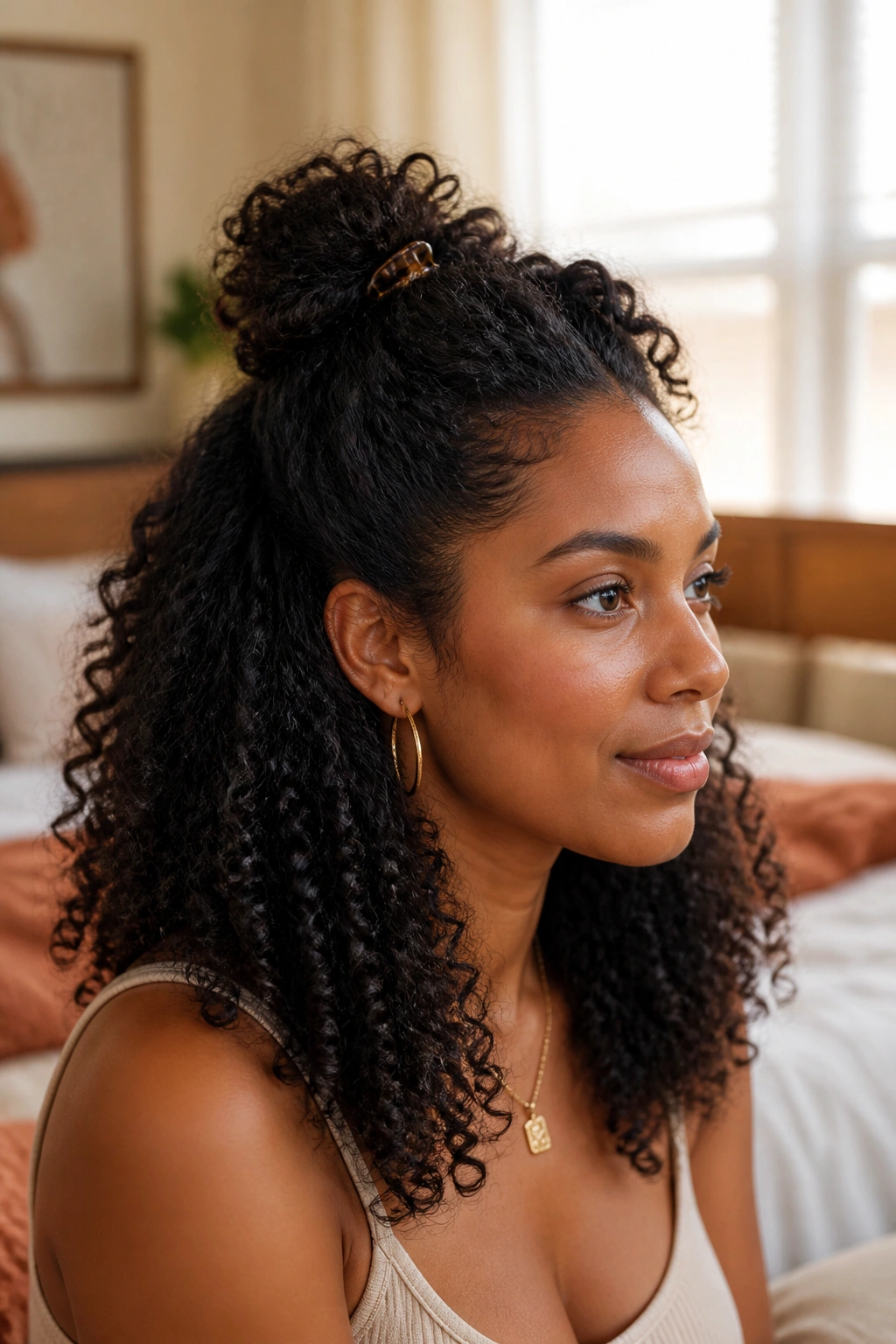 Close-up of a real woman with a half-up crown clip style on natural curls