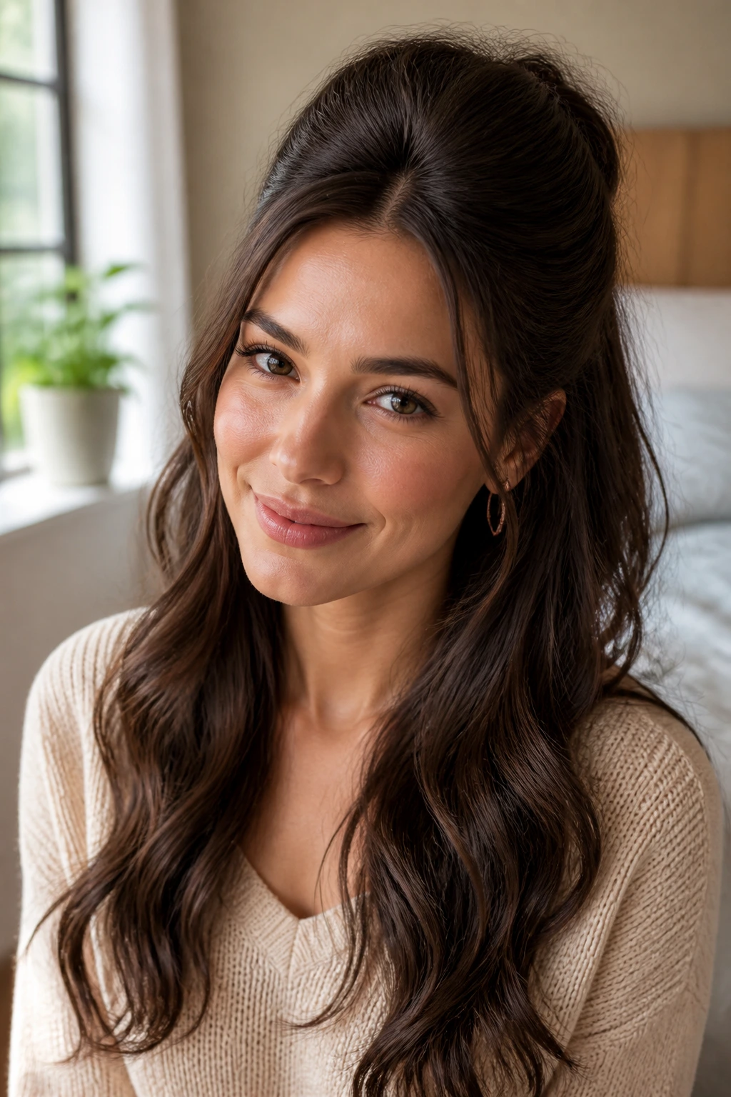 Close-up of half-up half-down hairstyle with crown lift on a real person