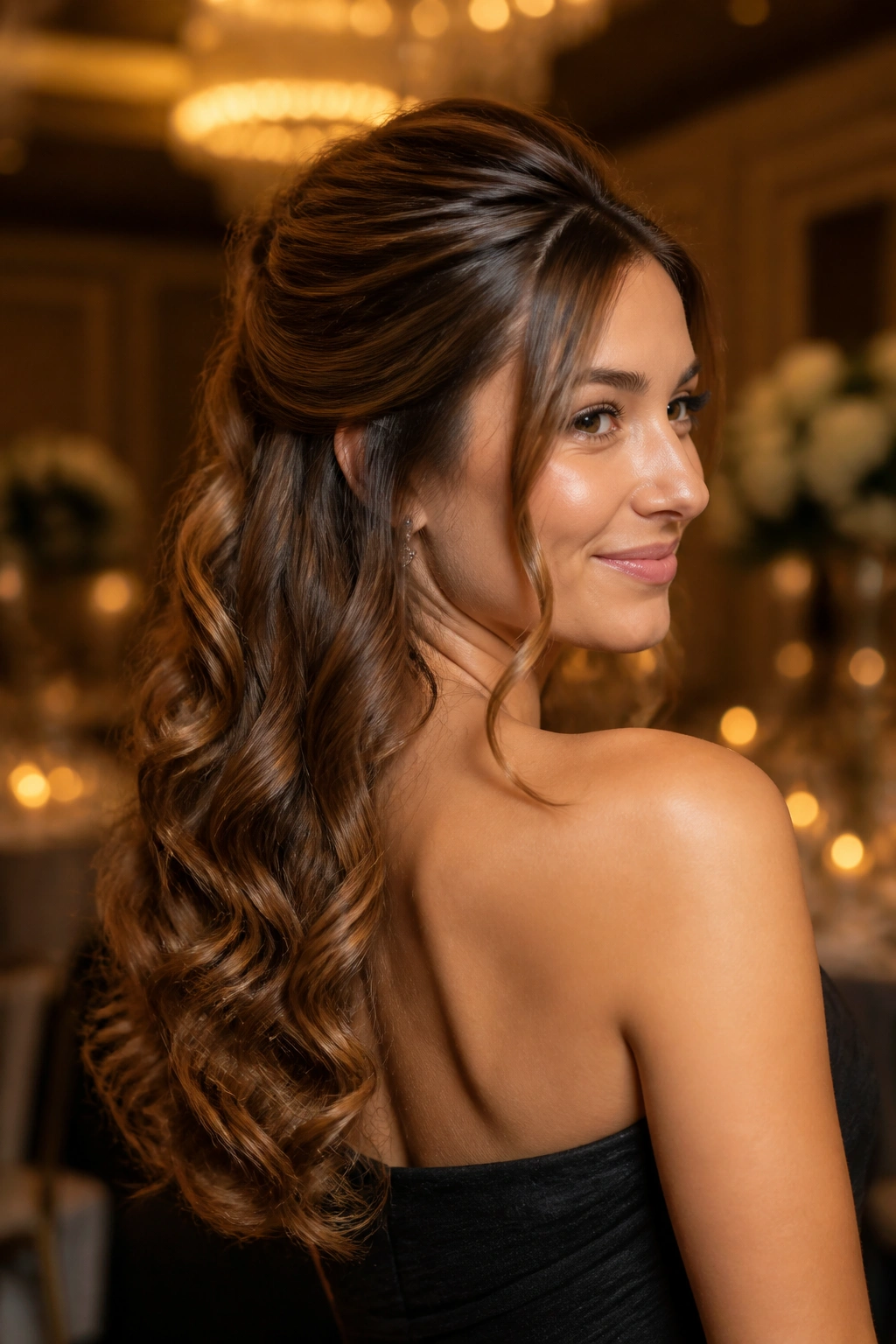 Close-up of a real woman with half-up half-down style and soft curls